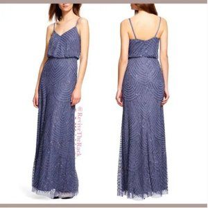 EUC! Adrianna Papell Art Deco Beaded Blouson Gown in Dark Heather [SZ: 2 ]‎